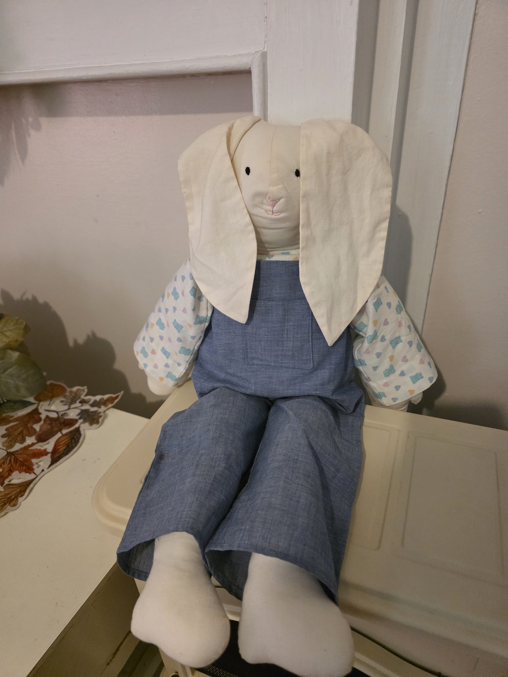 Plush Bunny Doll in Cream with Blue Overalls